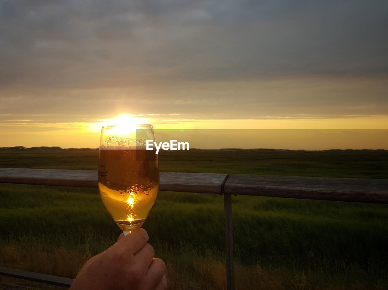 MAN HOLDING GLASS OF FIELD AGAINST SKY AT SUNSET