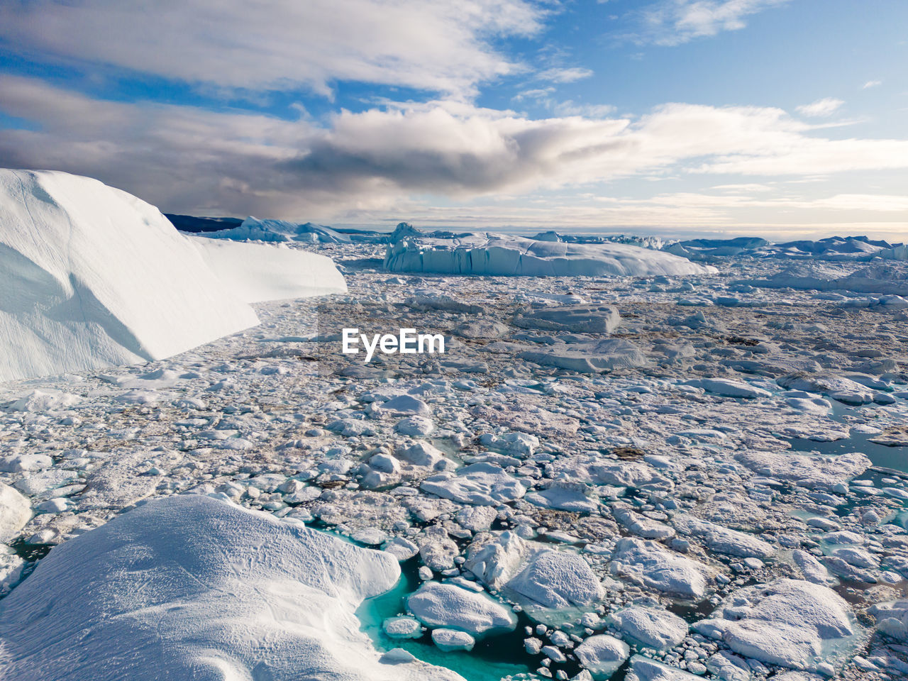 aerial view of snow covered landscape against sky