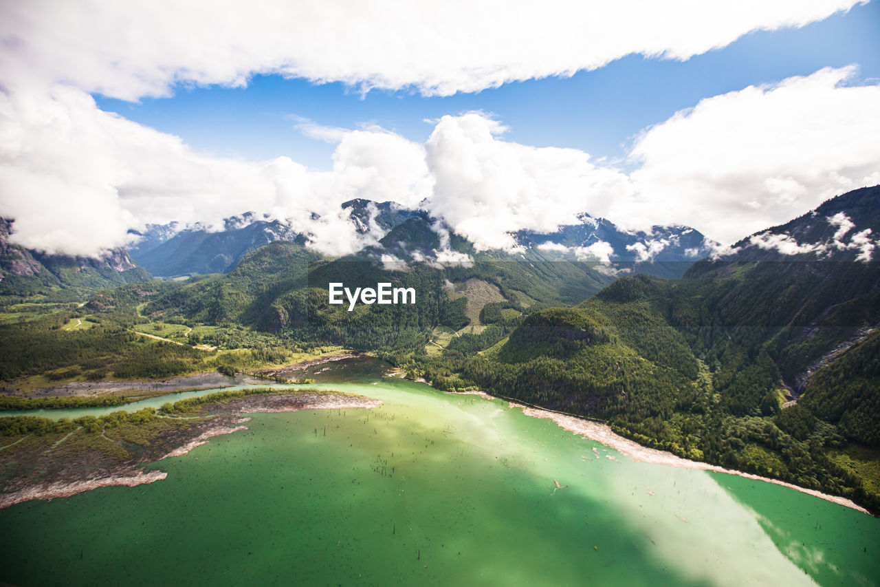 Aerial view of the stave river flowing into stave lake, mission, b.c.