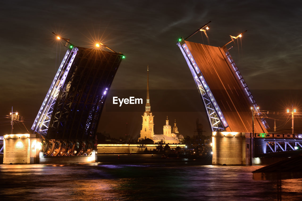 LOW ANGLE VIEW OF ILLUMINATED BRIDGE AGAINST SKY