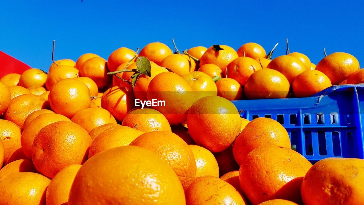Close-up of oranges in basket against blue sky