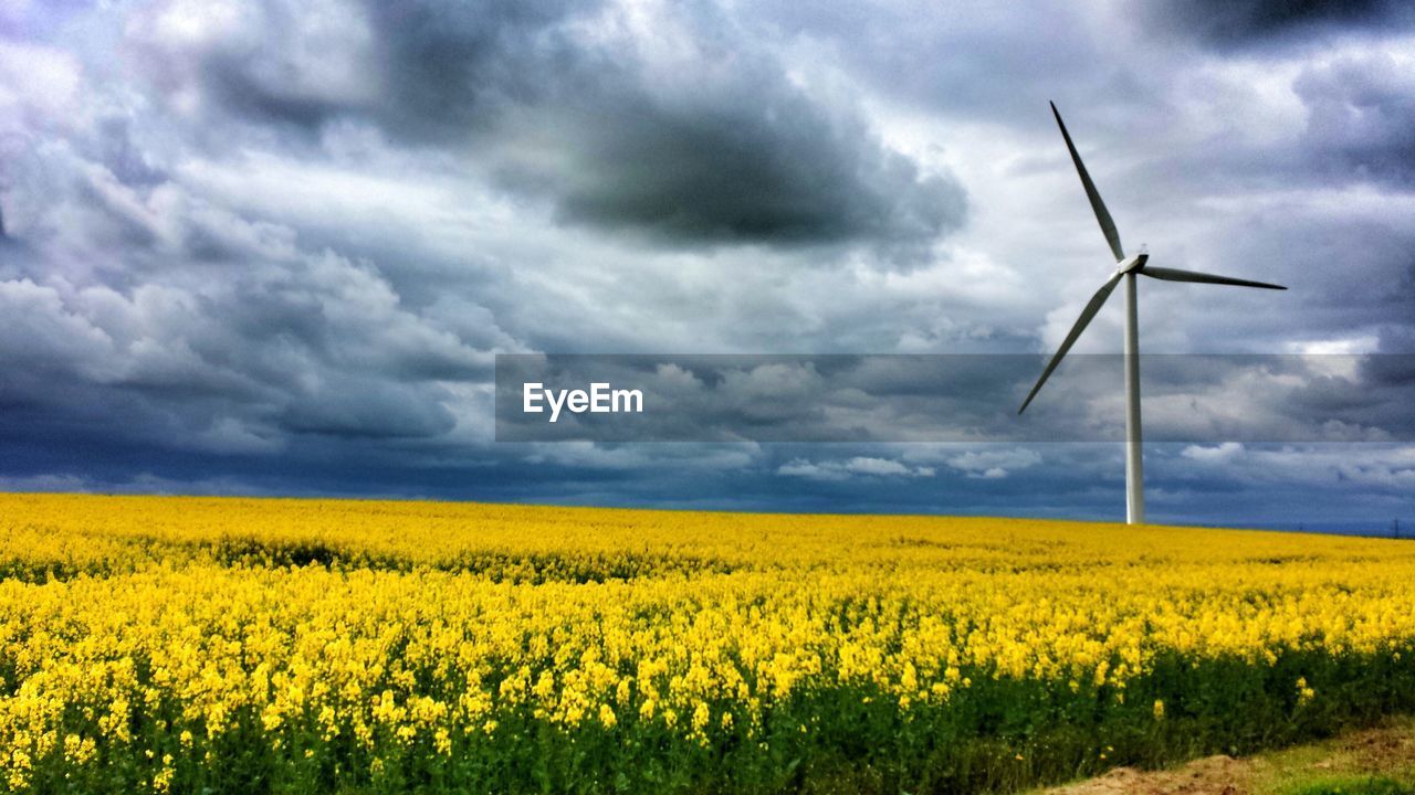 Windmill by oilseed rape field against cloudy sky