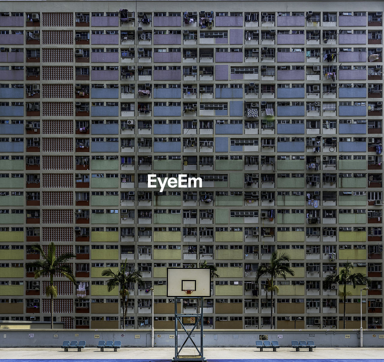 View of office building seen from basketball court