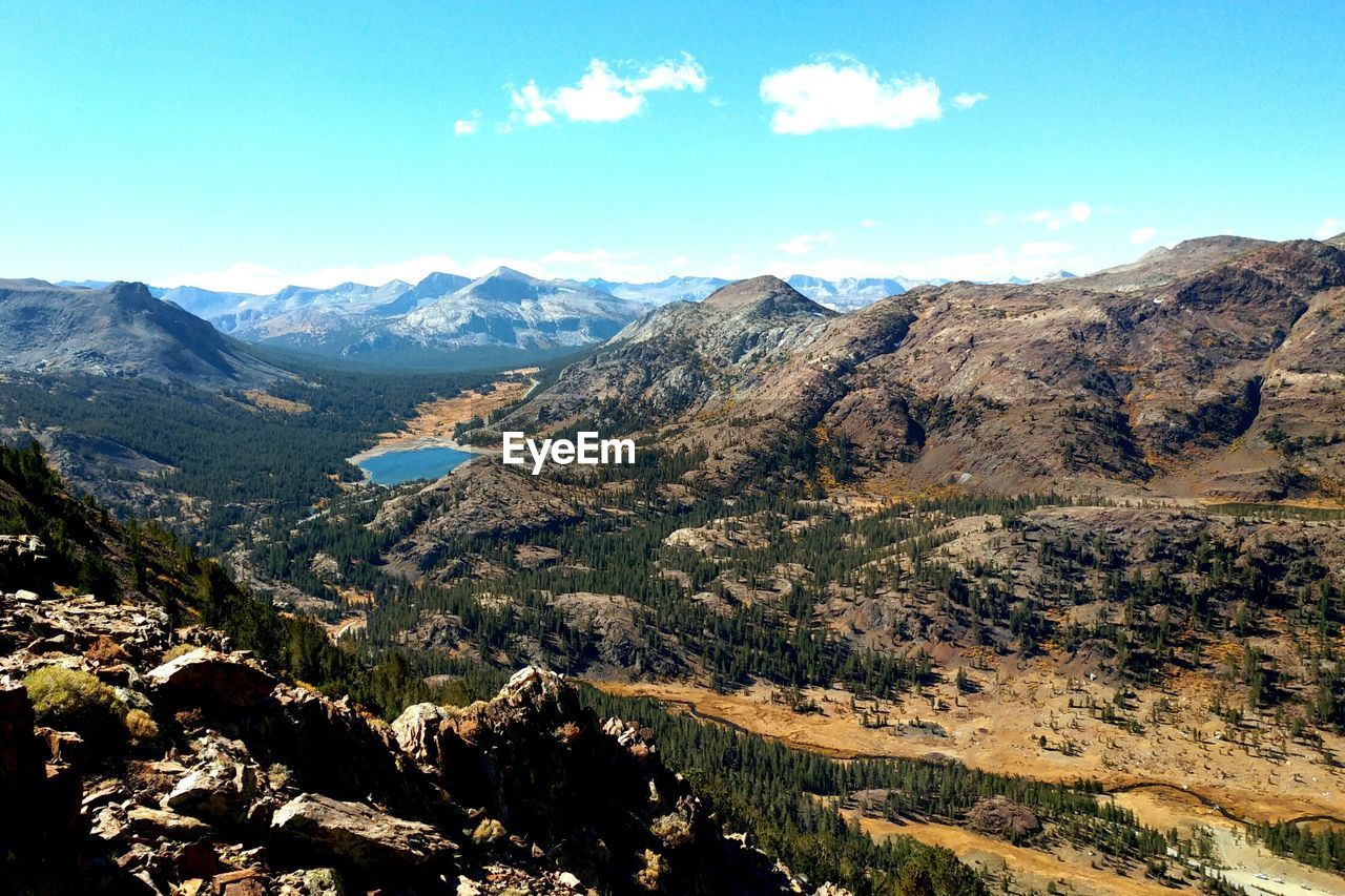 High angle view of mountain range against sky