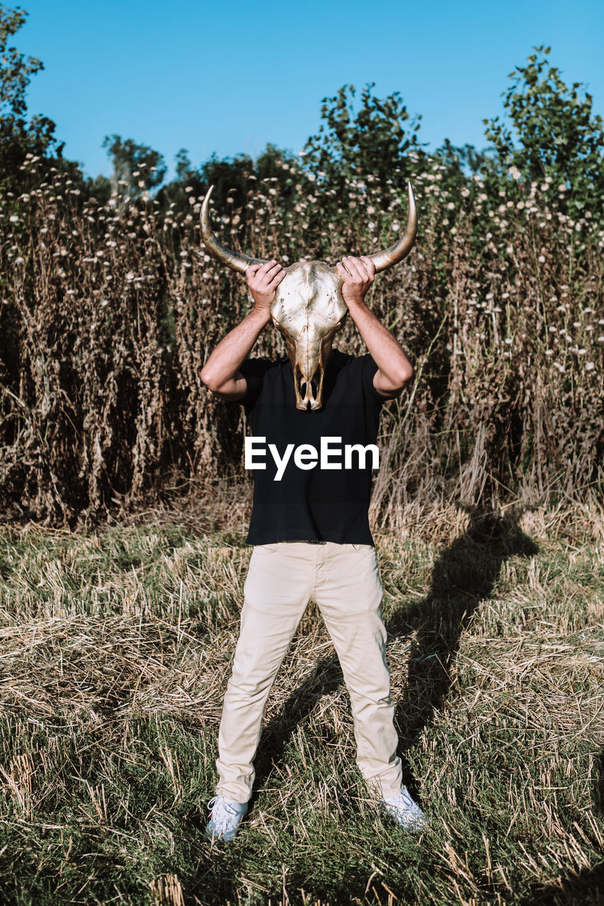 Full length of anonymous male in casual wear covering face with horn animal skull while standing in field