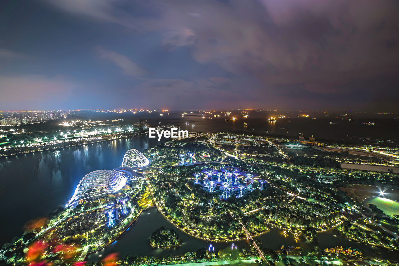 Night aerial view of garden by the bay in singapore skyline, marina bay