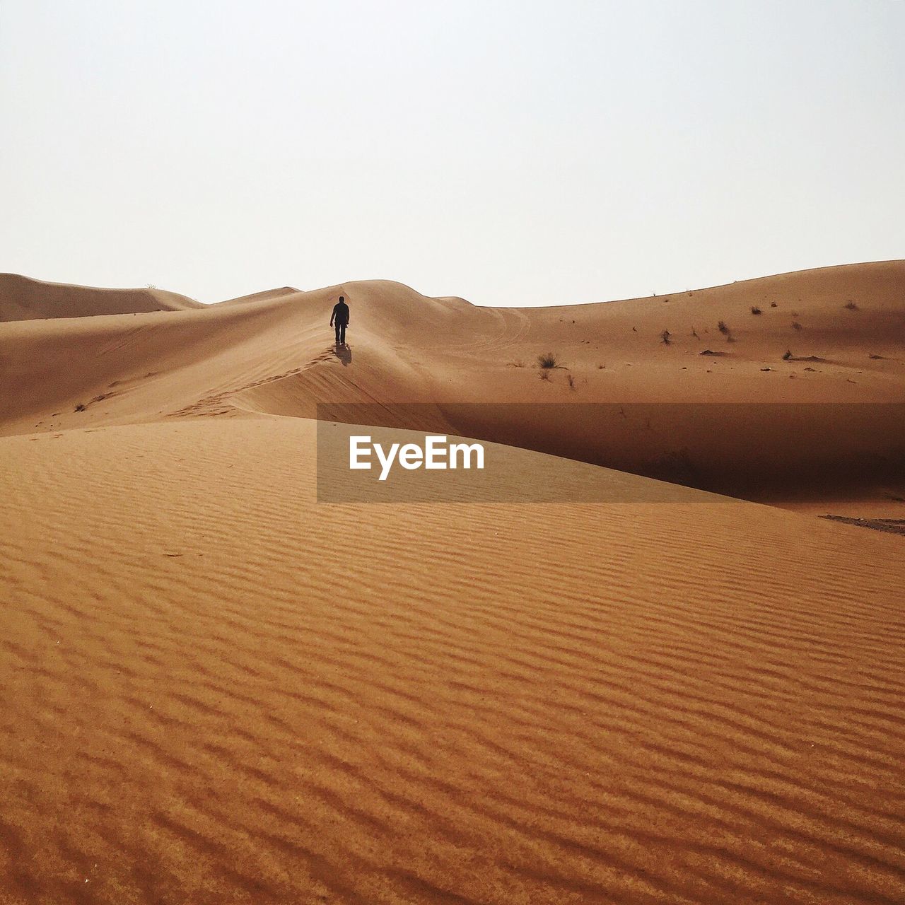 Distant view of man walking in desert against clear sky