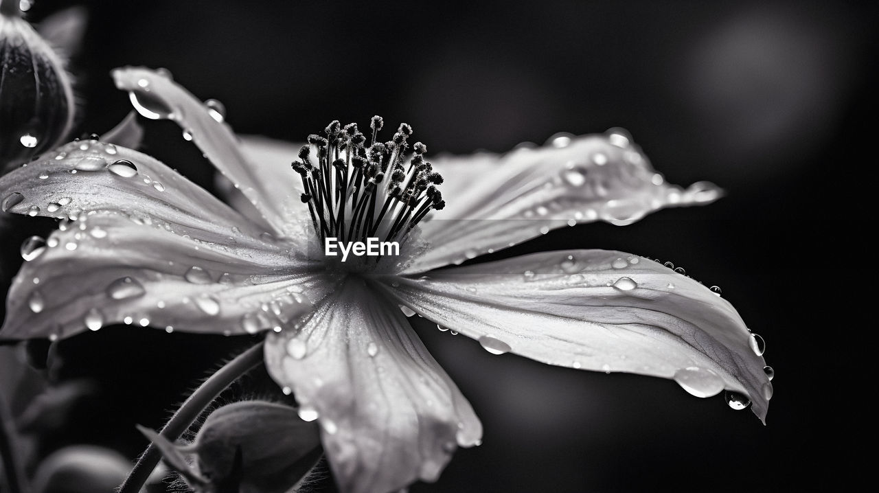 flower, flowering plant, freshness, plant, black and white, beauty in nature, fragility, petal, close-up, drop, growth, flower head, inflorescence, wet, macro photography, water, monochrome photography, nature, pollen, monochrome, focus on foreground, leaf, black, no people, white, blossom, botany, outdoors, springtime, stamen, plant stem, dew, rain, raindrop, selective focus