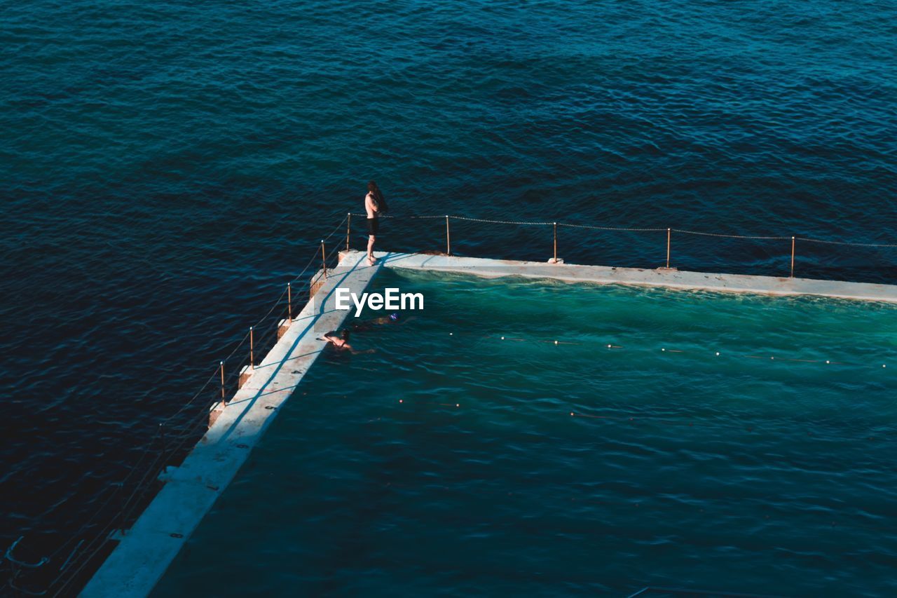 High angle view of people in pool