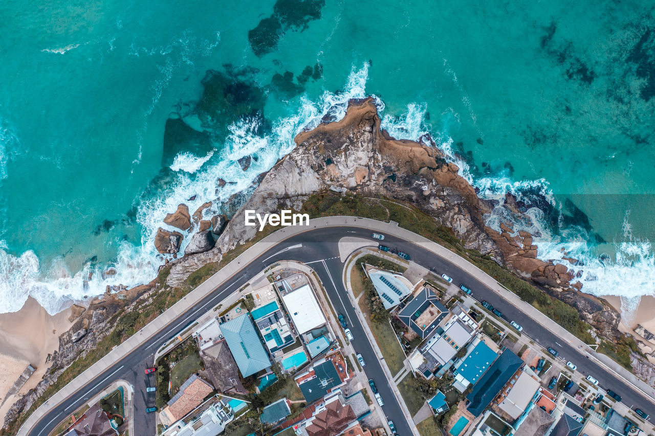 Aerial view of beach and community