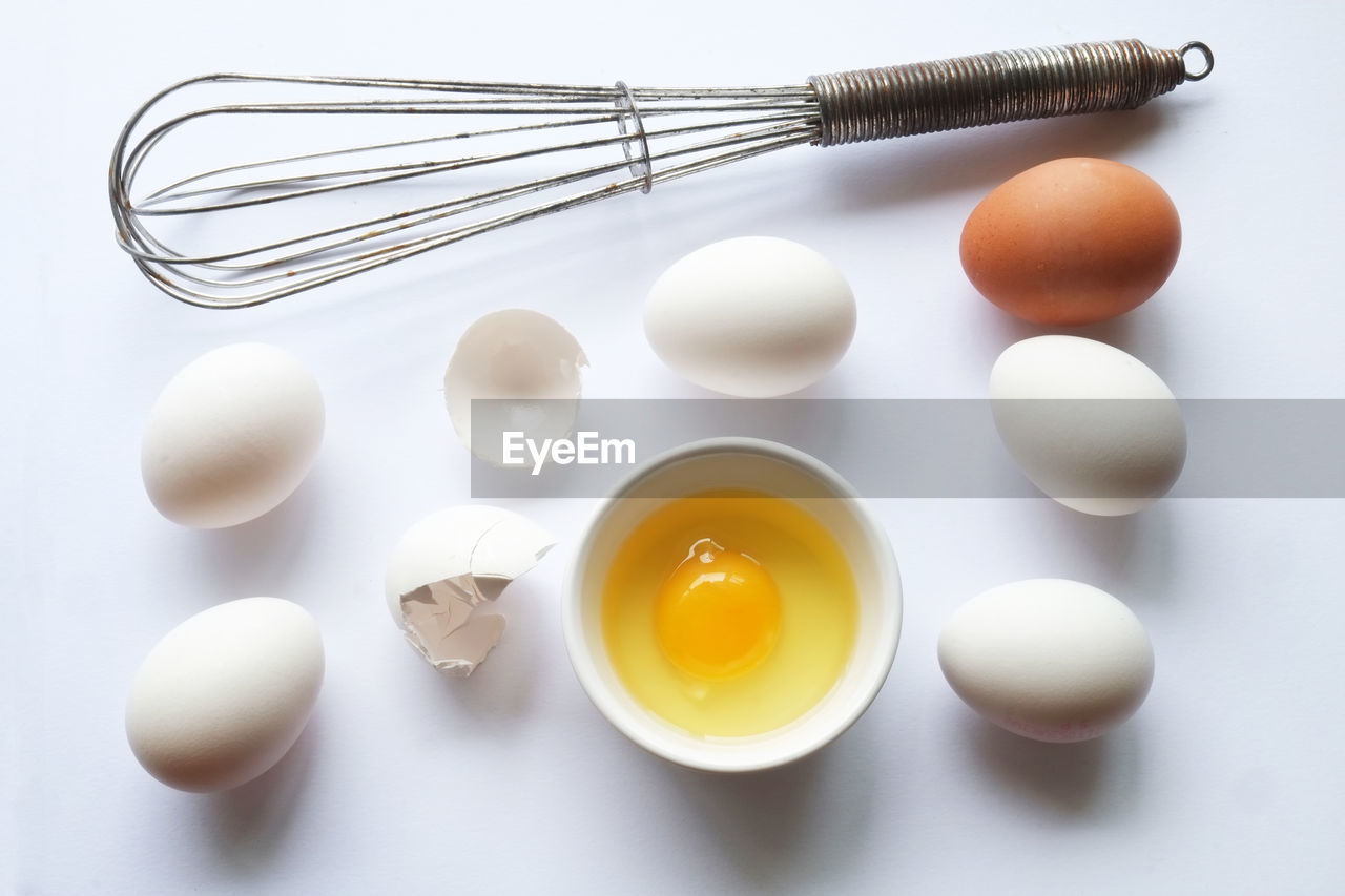 HIGH ANGLE VIEW OF BREAKFAST ON WHITE TABLE