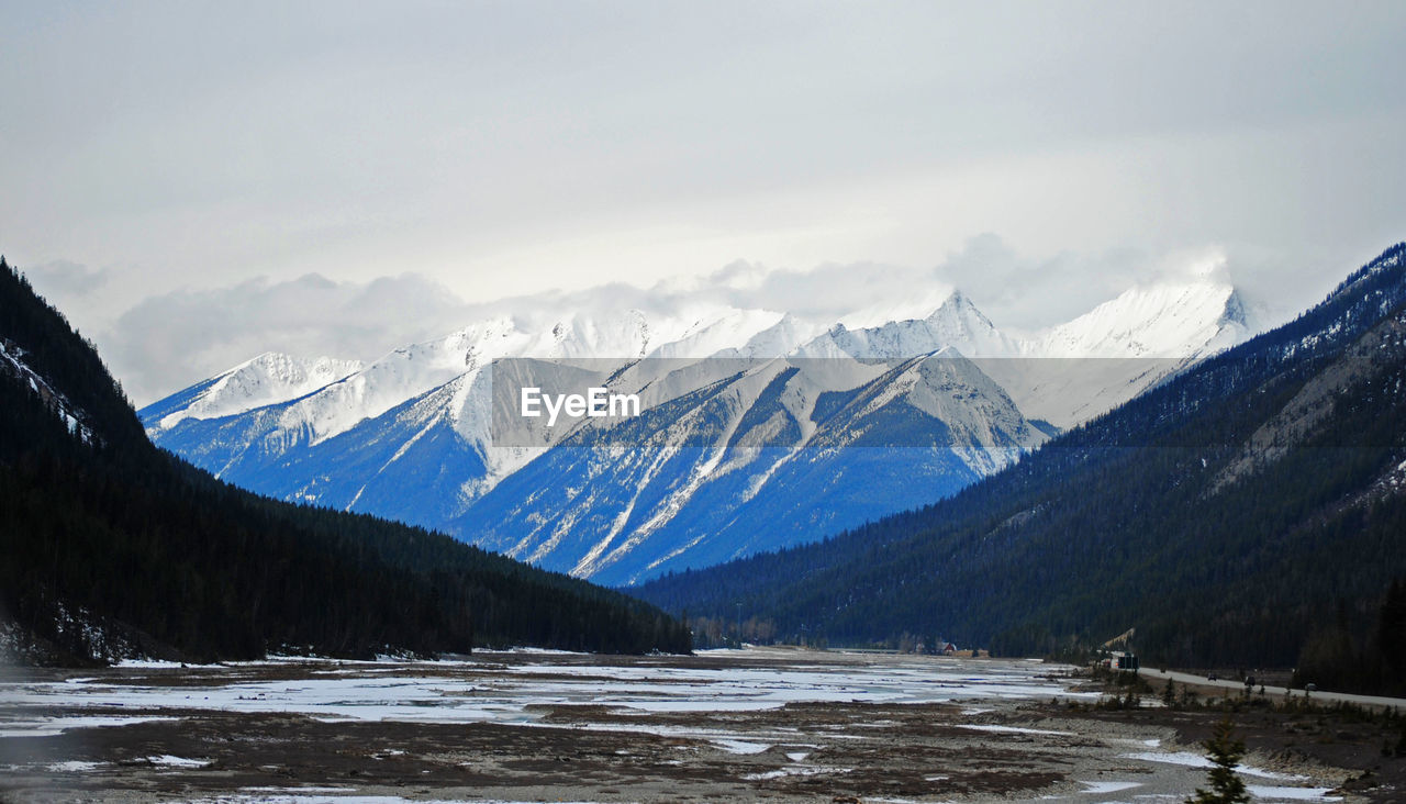 Scenic view of snow covered mountains