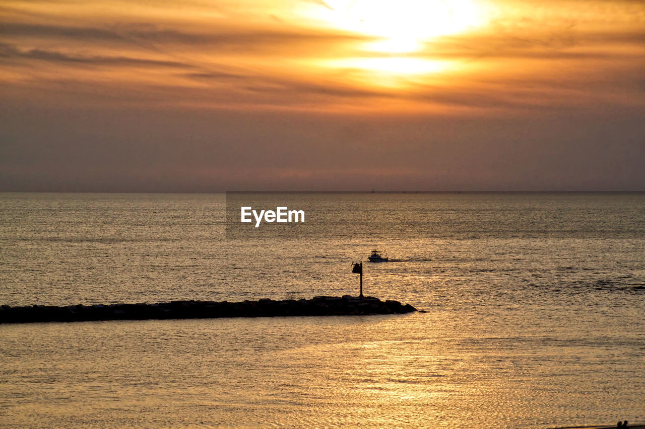 SILHOUETTE BIRD FLYING OVER SEA AGAINST ORANGE SKY