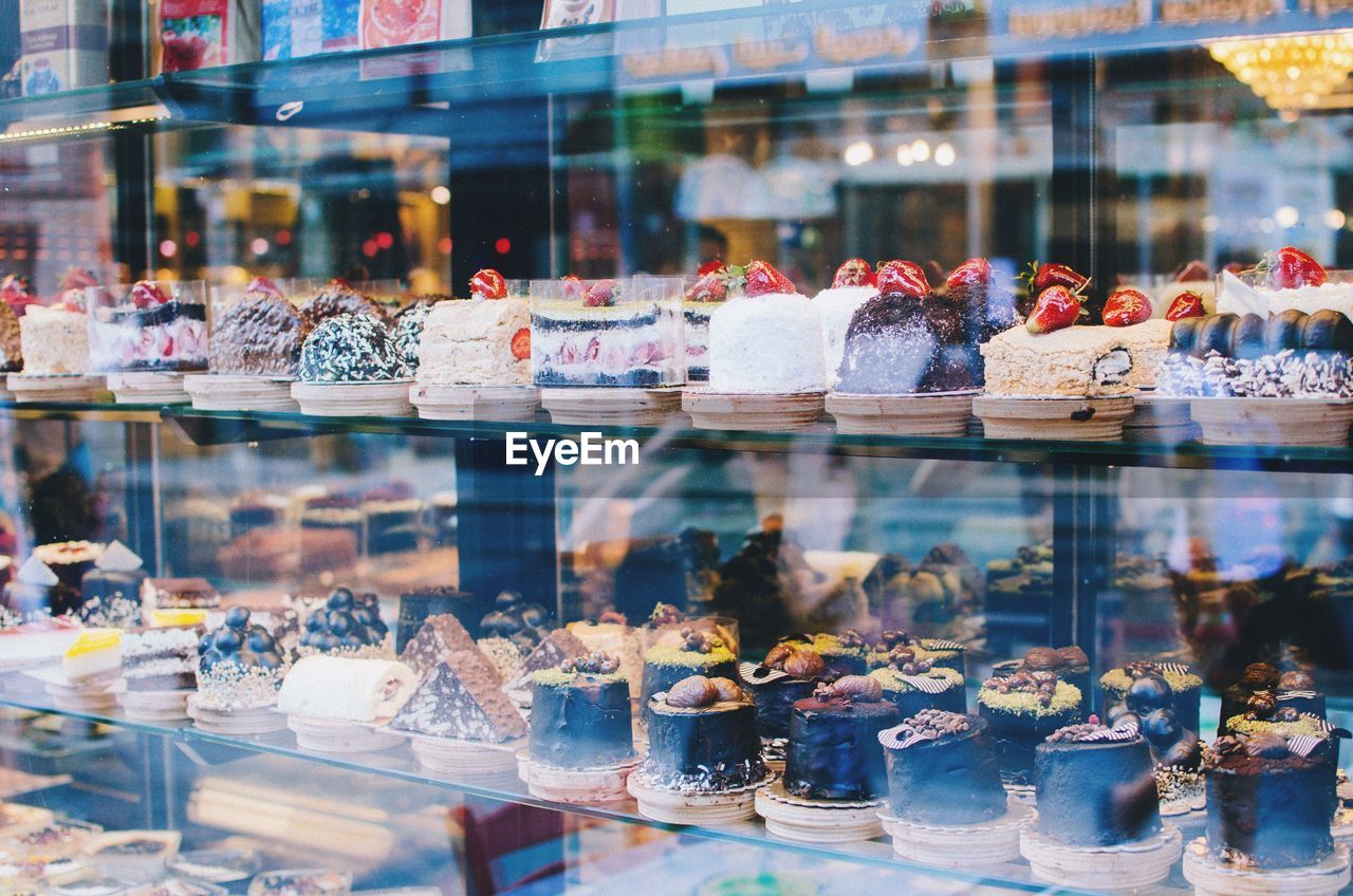 Sweet food on display at store