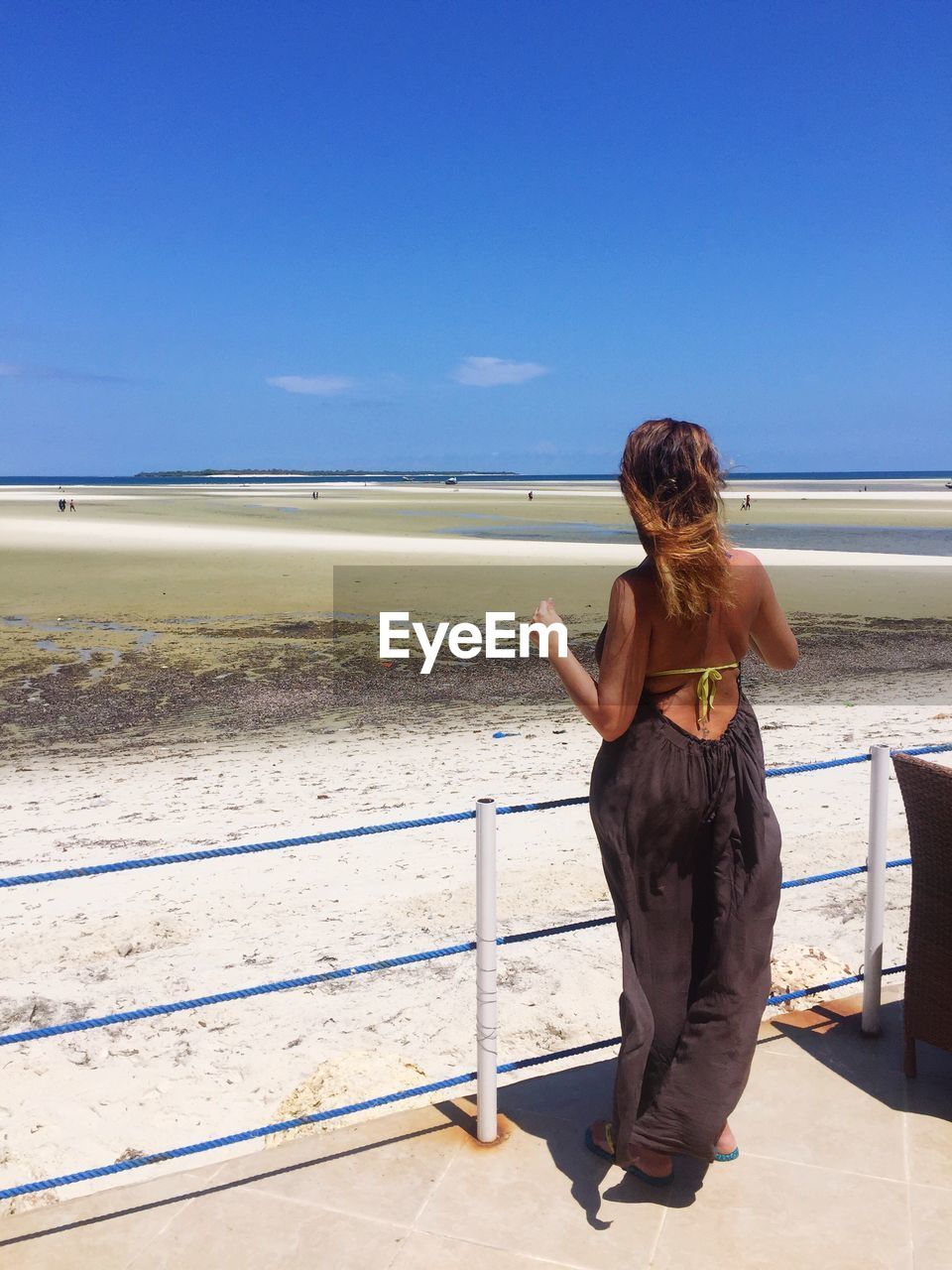 Rear view of young woman standing by railing at beach