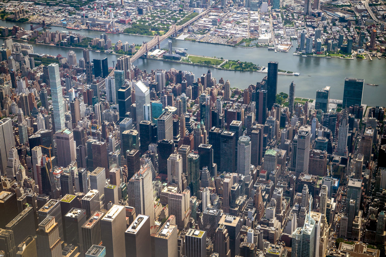 High angle view of modern buildings in city