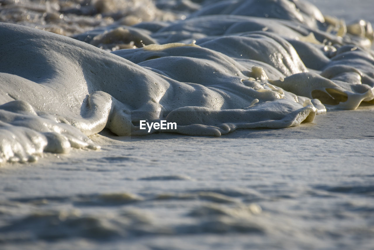 Close-up of seafoam on water on beach