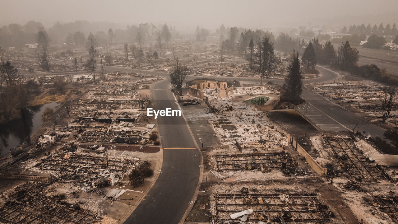 Aerial view of leveled mobile home park after the almeda wildfire in southern oregon talent phoenix 