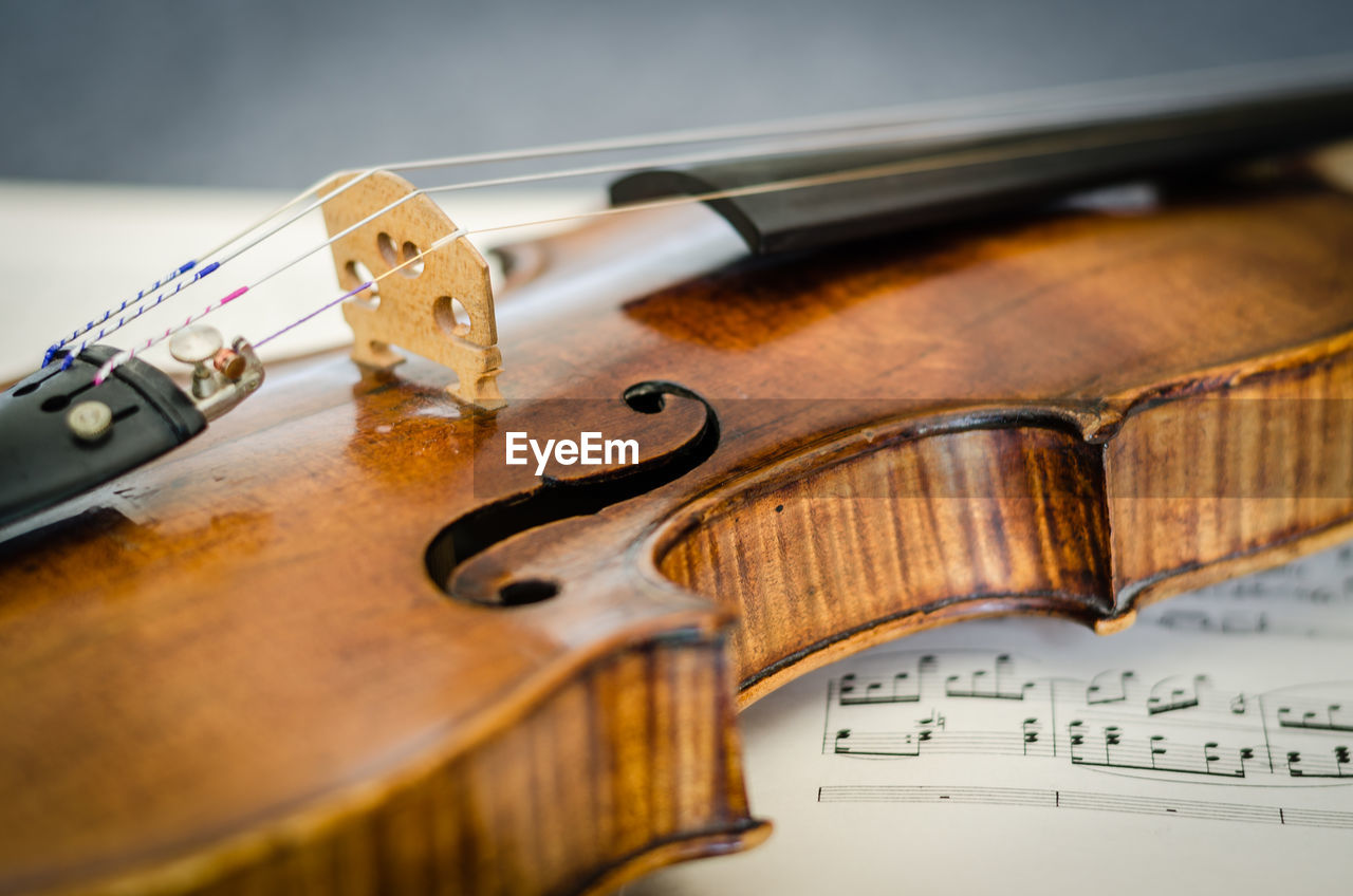 Close-up of violin on musical note