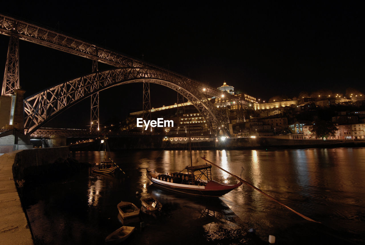 ILLUMINATED BRIDGE OVER RIVER AGAINST SKY