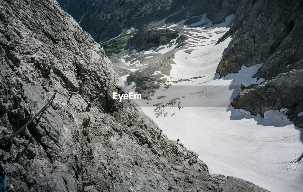 High angle view of snowcapped mountains during winter