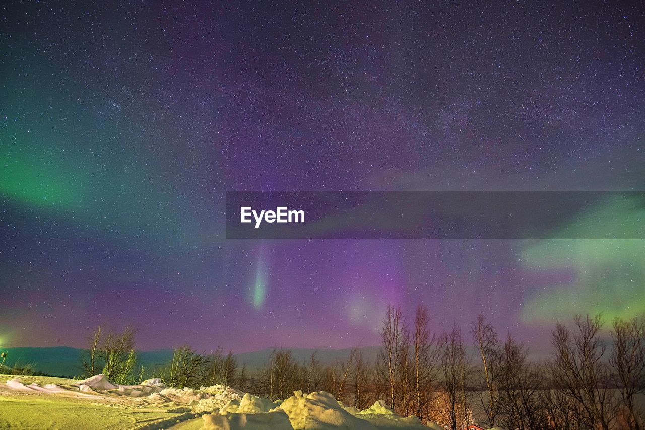 Scenic view of aurora borealis over field
