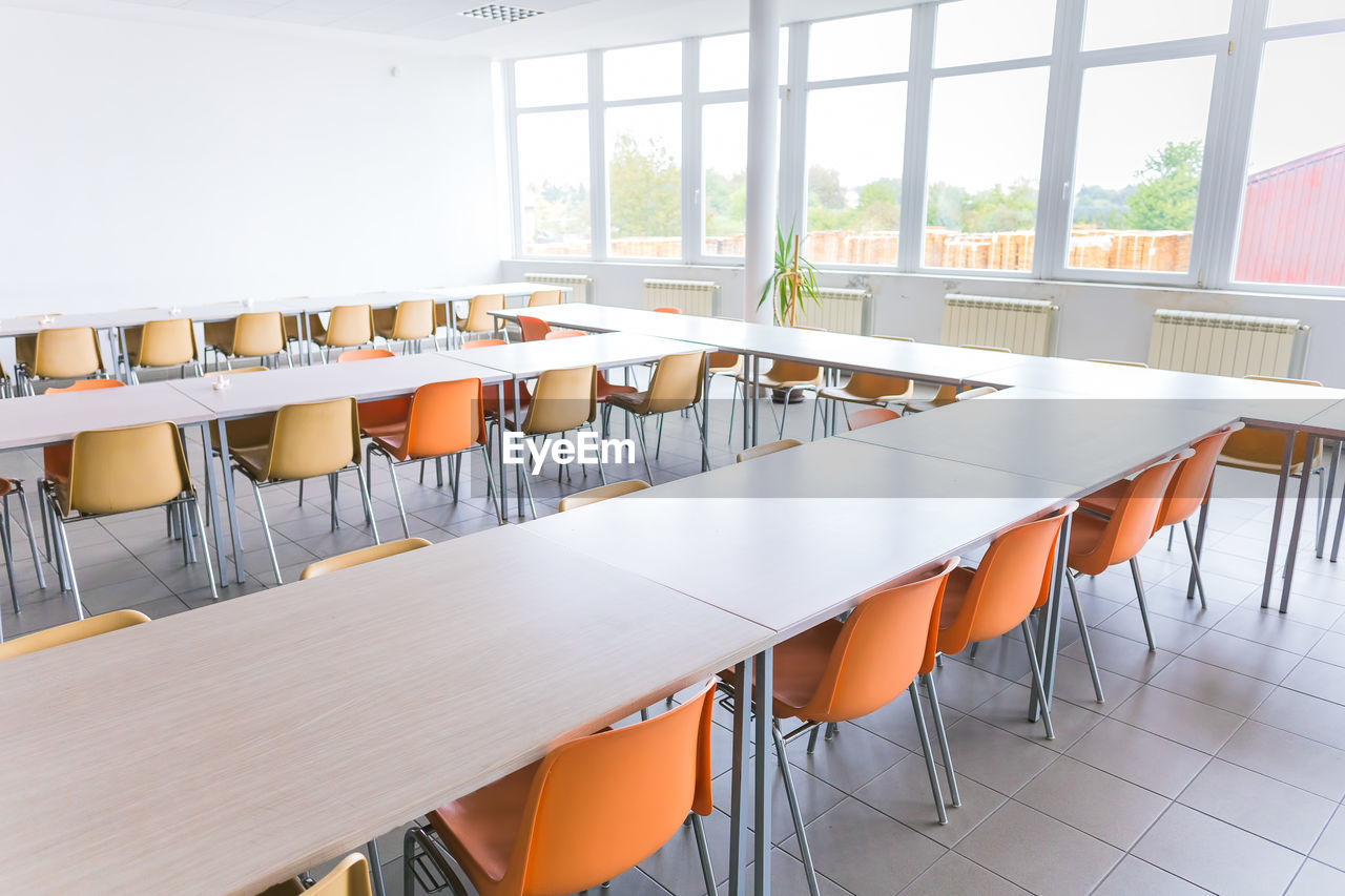 Empty staff canteen with large window