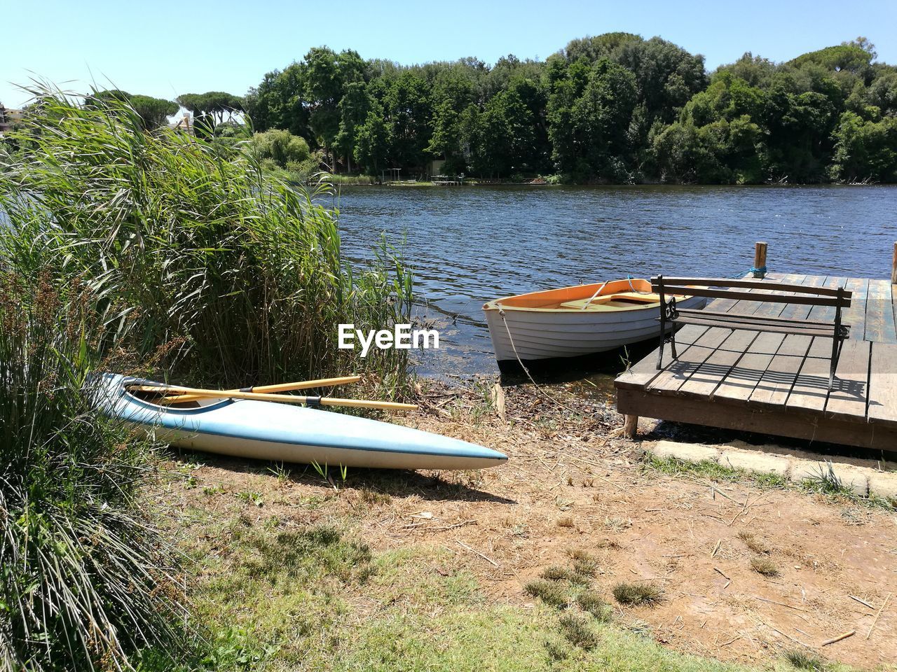 Boat moored in lake against trees