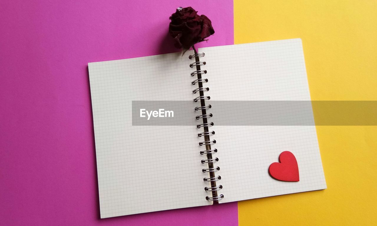 Directly above shot of open spiral notebook with dried rose and heart shape on colored background