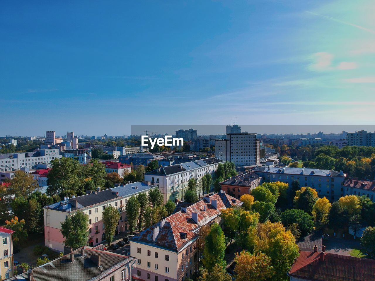 High angle view of buildings against sky