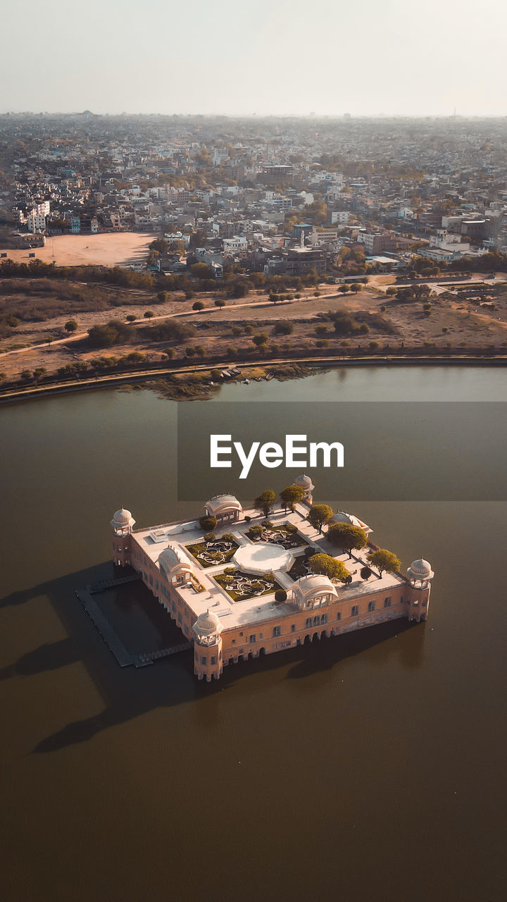 Aerial view of the famous jal mahal situated in jaipur also known as water palace.