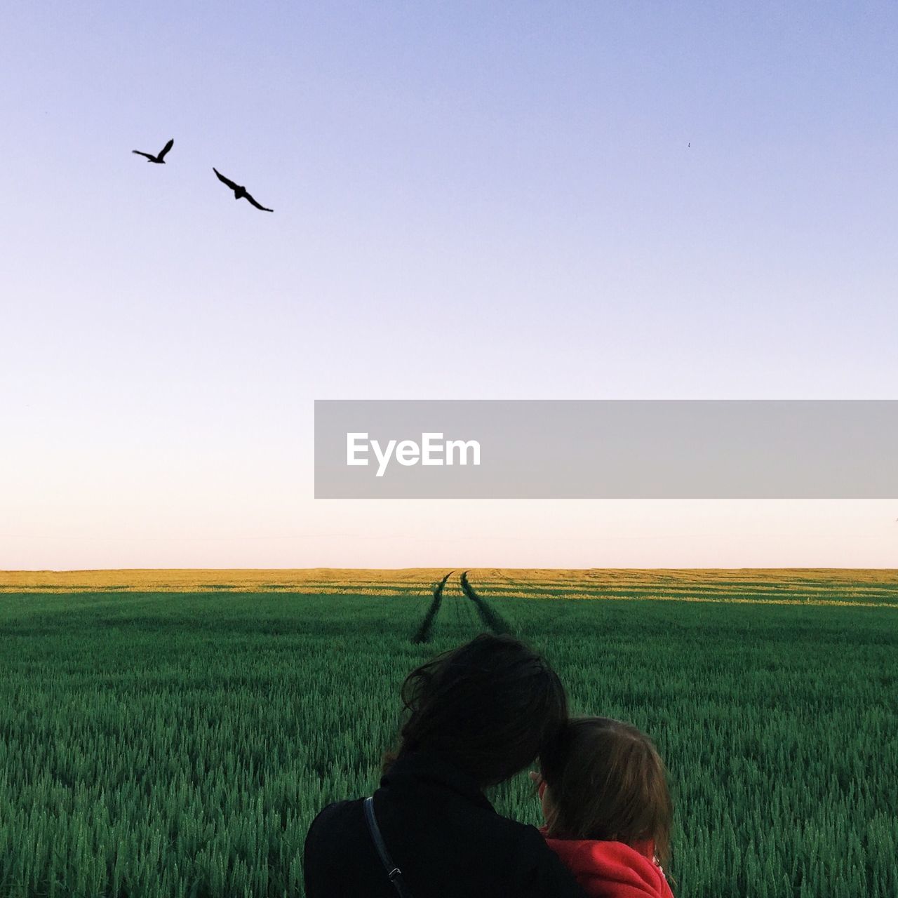 Rear view of people on countryside landscape