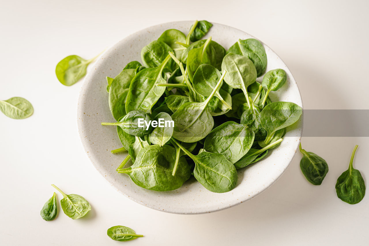high angle view of salad in bowl on white background
