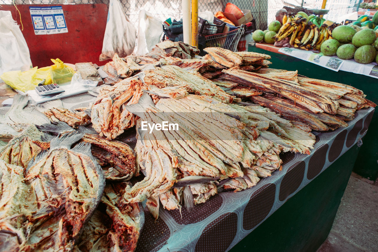 Close-up of dried fish for sale in market