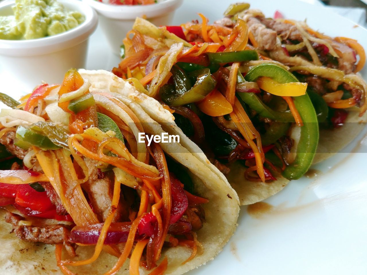 High angle view of gourmet tacos served in plate