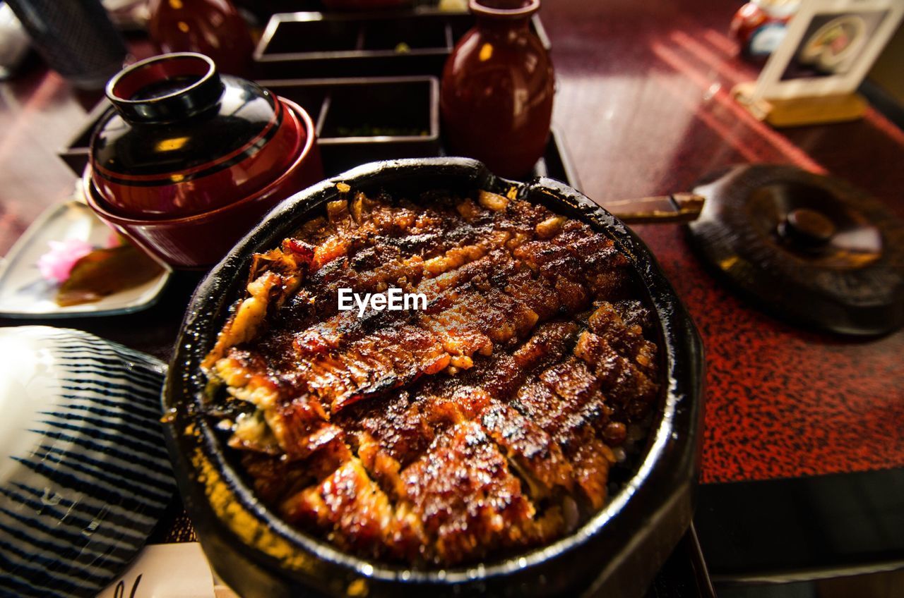 Close-up of meat in plate on table