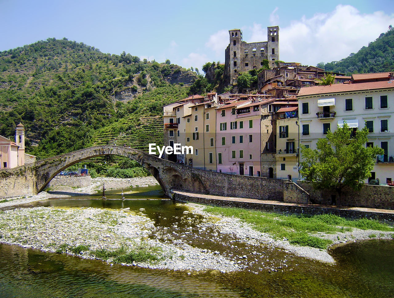 BRIDGE OVER RIVER AMIDST BUILDINGS AGAINST SKY