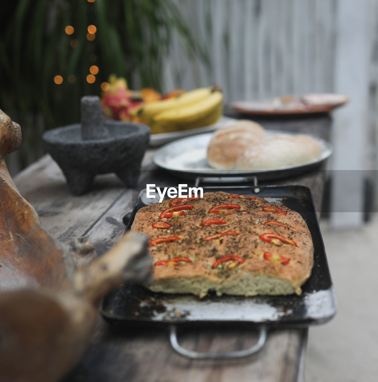 Close-up of food in tray on table