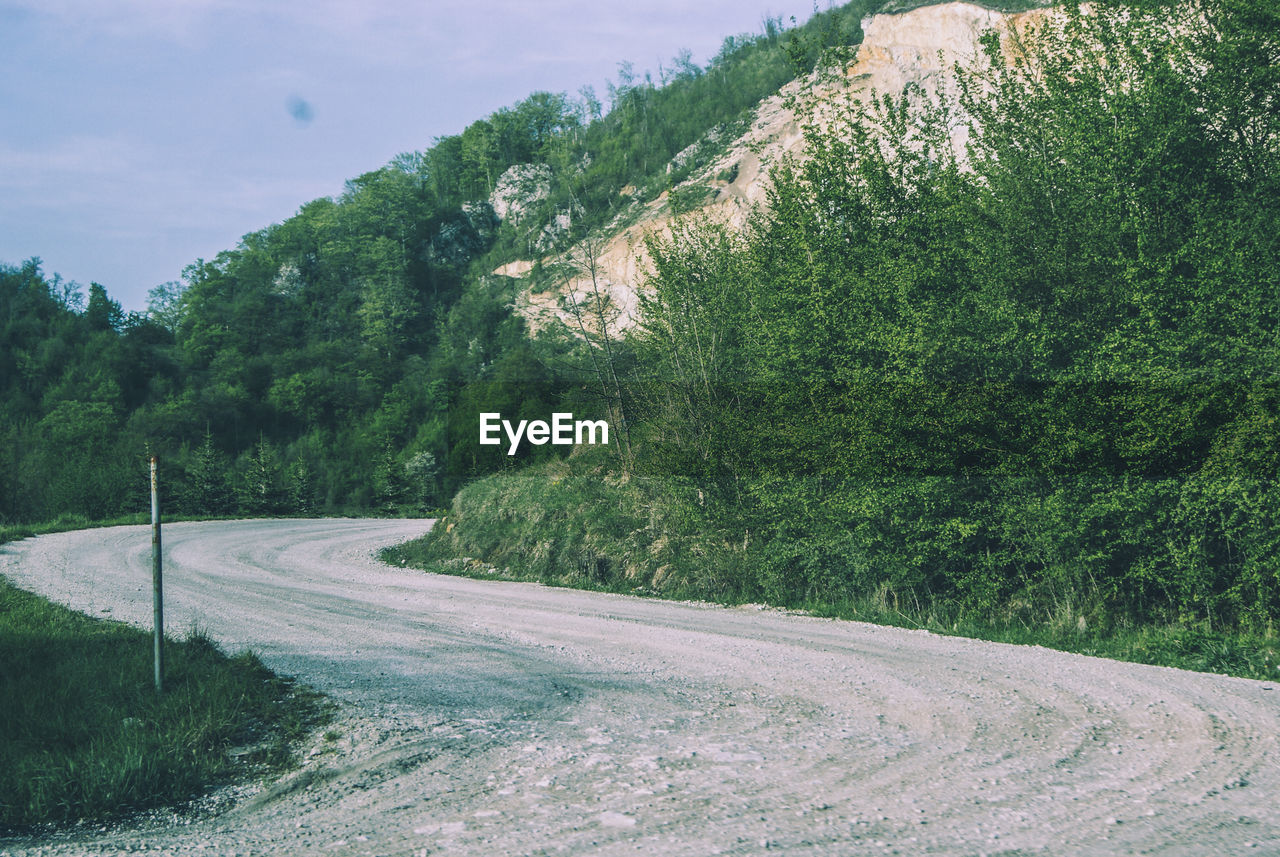 EMPTY ROAD AMIDST TREES AGAINST SKY