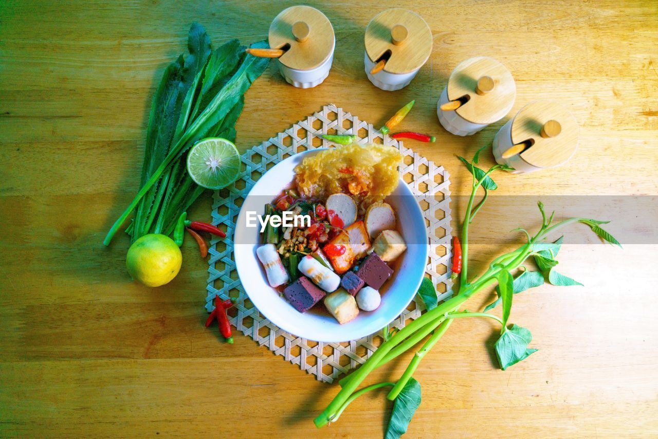 directly above shot of food in plate on table