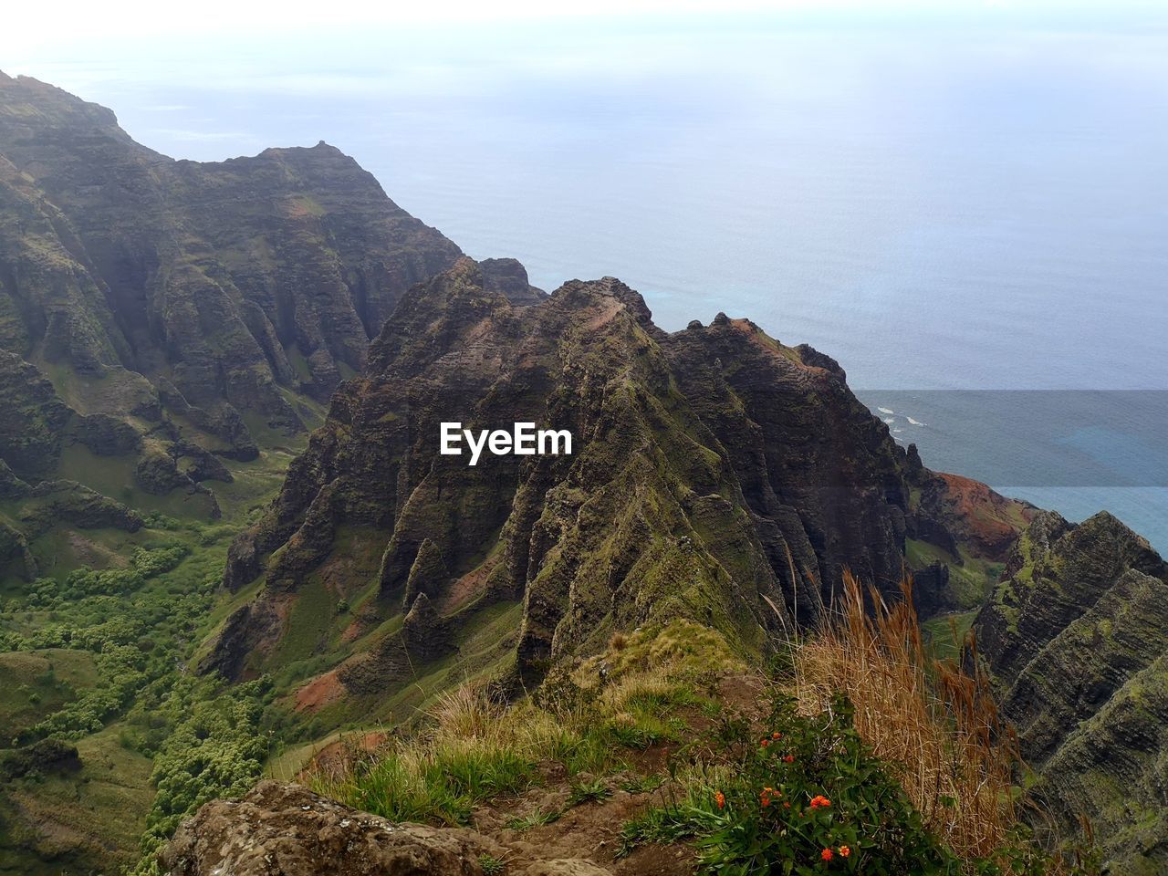 High angle view of mountains in hawaii against sky