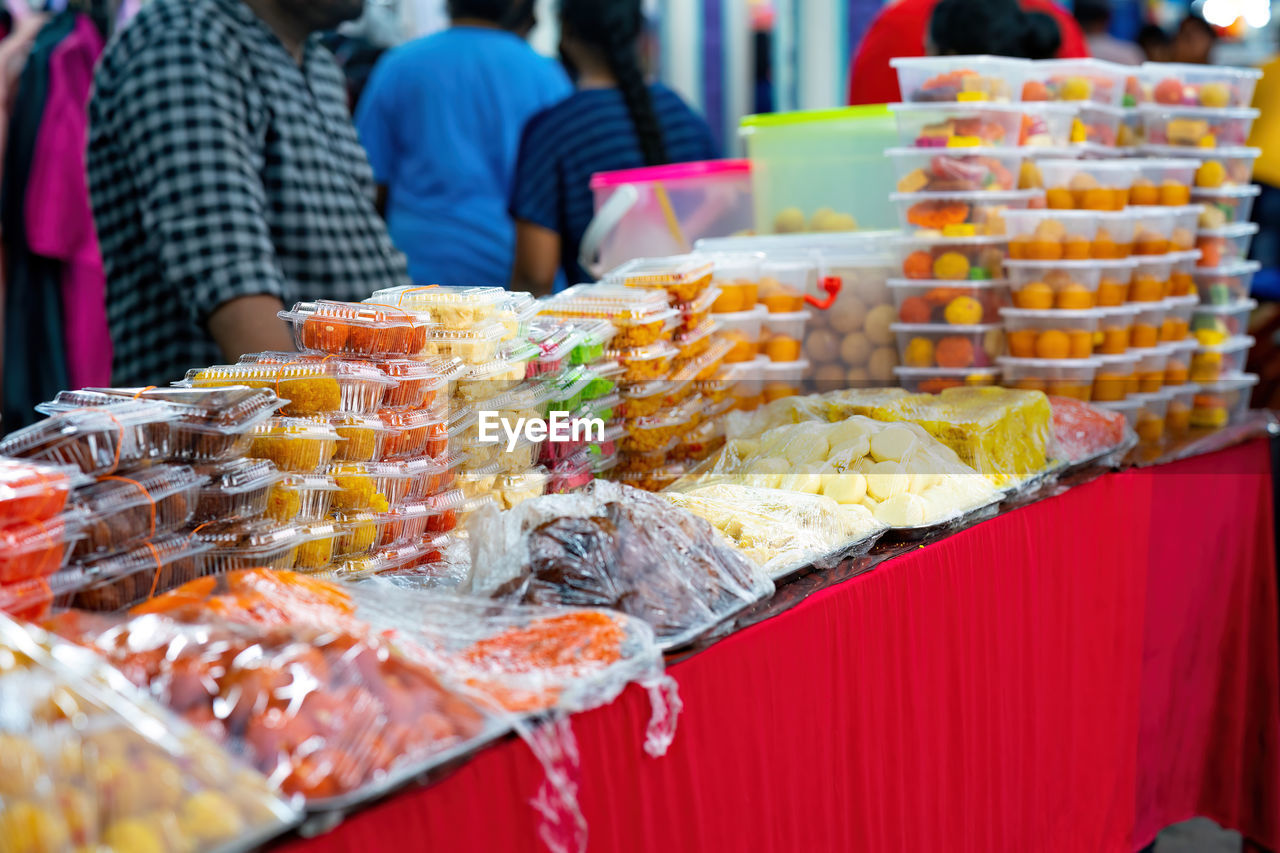 Special indian assorted sweets or mithai for sale during deepavali or diwali festival at the market.