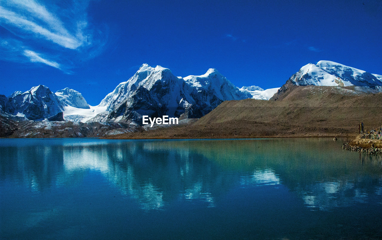 SCENIC VIEW OF LAKE AND MOUNTAINS AGAINST BLUE SKY