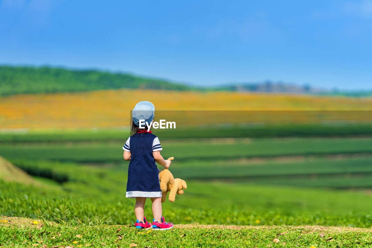 Rear view of girl with toy standing on grassy field