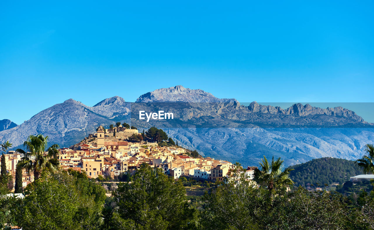 Panoramic view of cityscape against clear blue sky