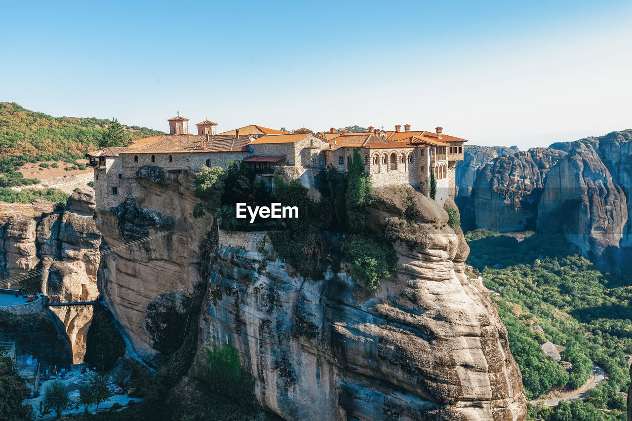 Panorama of meteora orthodox churches on the tops of rocks, monasteries on height