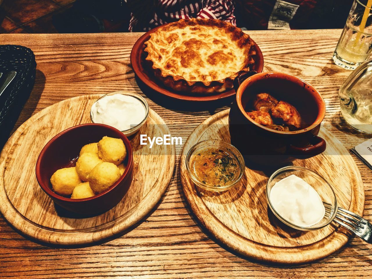 High angle view of food on wooden table