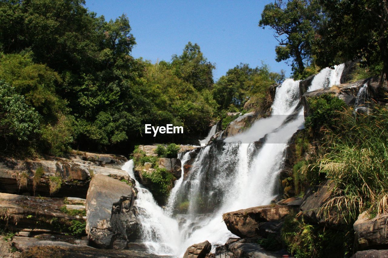 VIEW OF WATERFALL IN FOREST AGAINST SKY