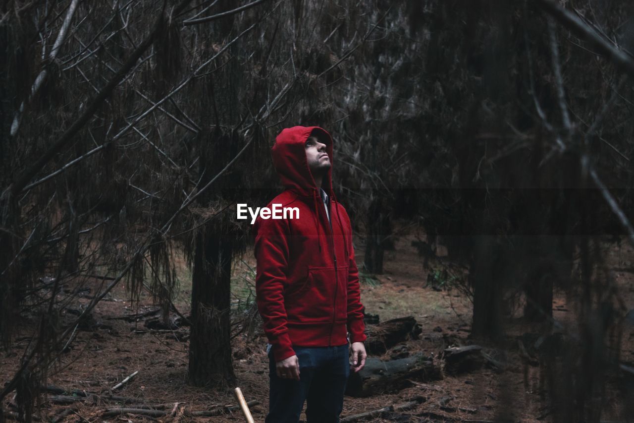 Young man in hooded jacket looking up in forest