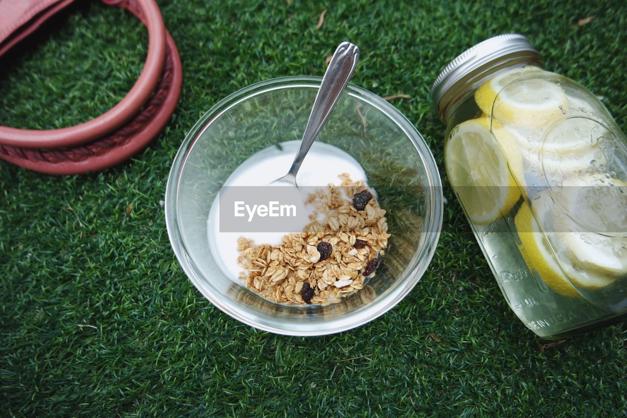 High angle view of oats in milk